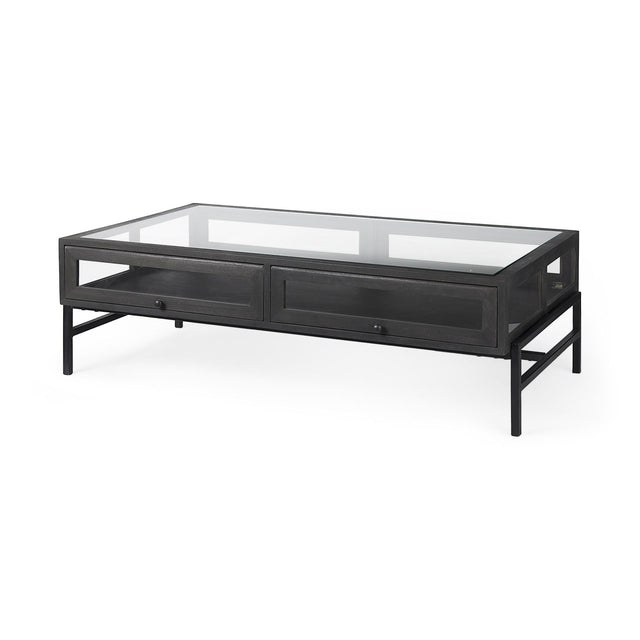 Mercana Arelius 42"L Rectangular Glass-Top Black-Brown Wood w/ Black Metal Base Display Coffee Table