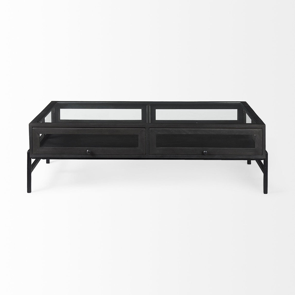Mercana Arelius 42"L Rectangular Glass-Top Black-Brown Wood w/ Black Metal Base Display Coffee Table