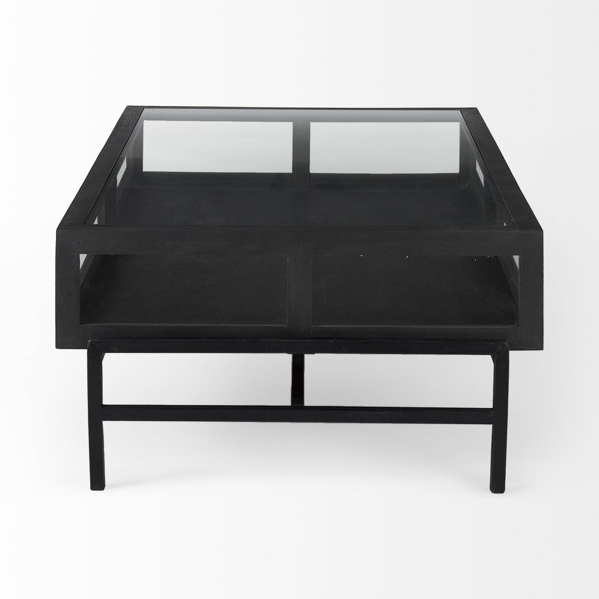 Mercana Arelius 42"L Rectangular Glass-Top Black-Brown Wood w/ Black Metal Base Display Coffee Table