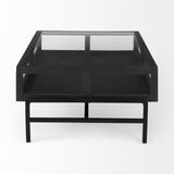Mercana Arelius 42"L Rectangular Glass-Top Black-Brown Wood w/ Black Metal Base Display Coffee Table