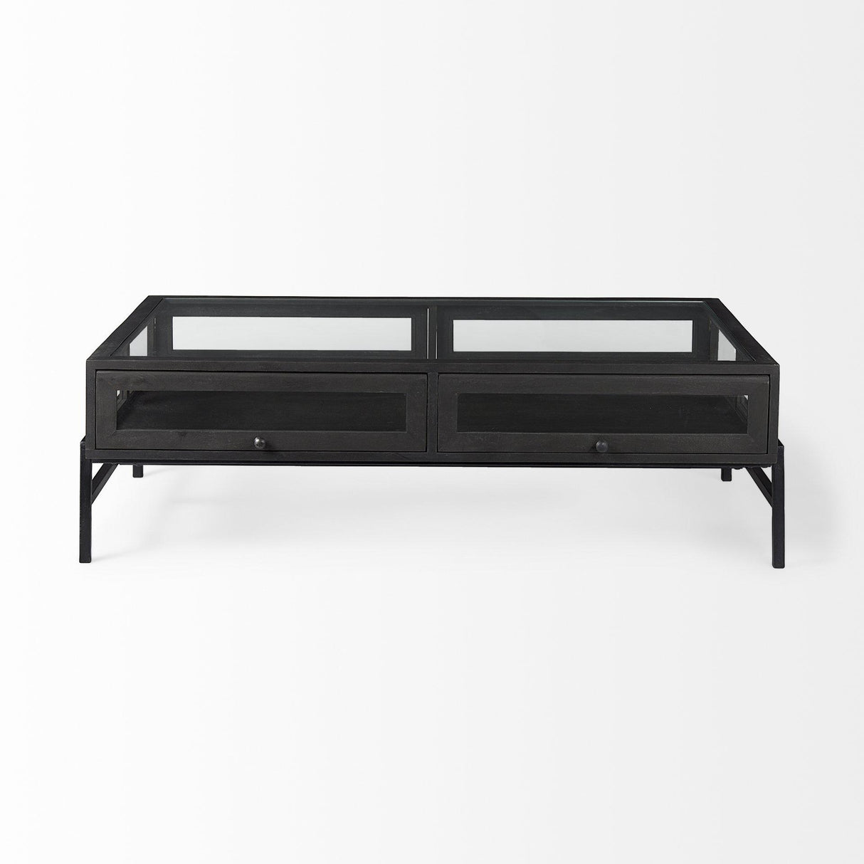 Mercana Arelius 42"L Rectangular Glass-Top Black-Brown Wood w/ Black Metal Base Display Coffee Table