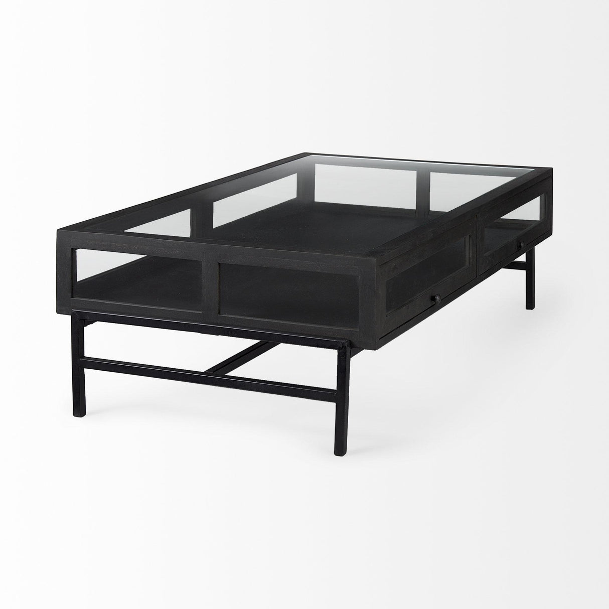 Mercana Arelius 42"L Rectangular Glass-Top Black-Brown Wood w/ Black Metal Base Display Coffee Table