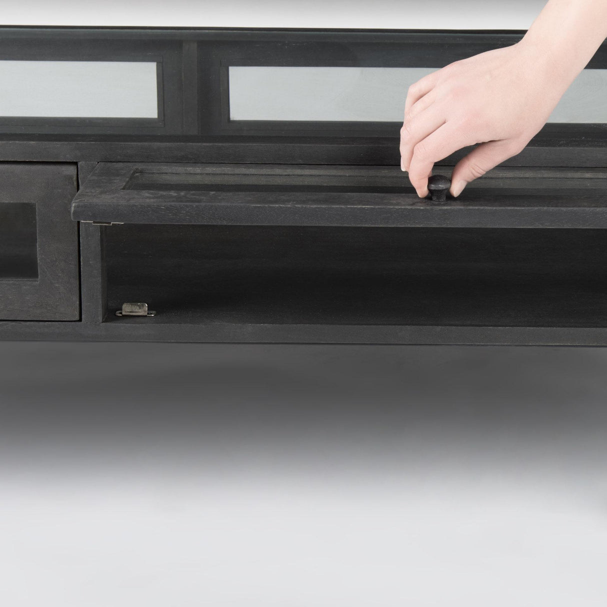 Mercana Arelius 42"L Rectangular Glass-Top Black-Brown Wood w/ Black Metal Base Display Coffee Table