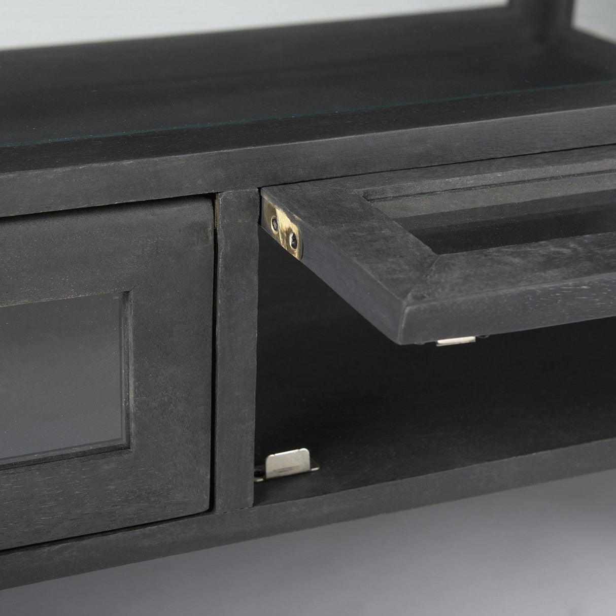 Mercana Arelius 42"L Rectangular Glass-Top Black-Brown Wood w/ Black Metal Base Display Coffee Table