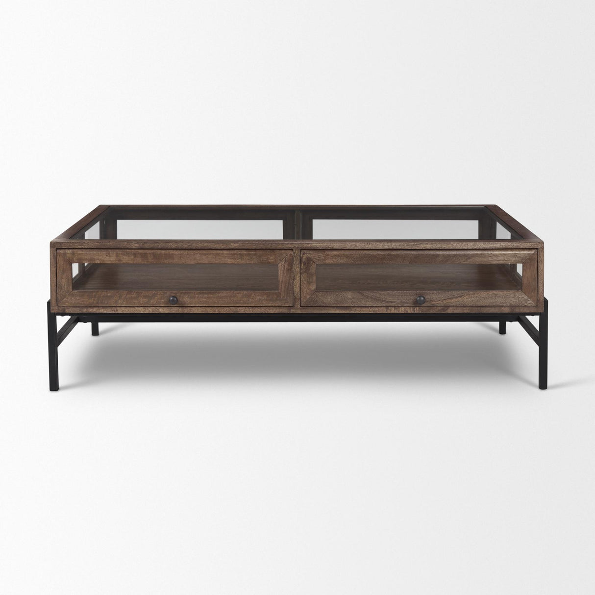 Mercana Arelius Rectangular Glass-Top Medium Brown Wood w/ Black Metal Base Display Coffee Table