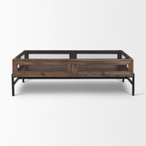 Mercana Arelius Rectangular Glass-Top Medium Brown Wood w/ Black Metal Base Display Coffee Table