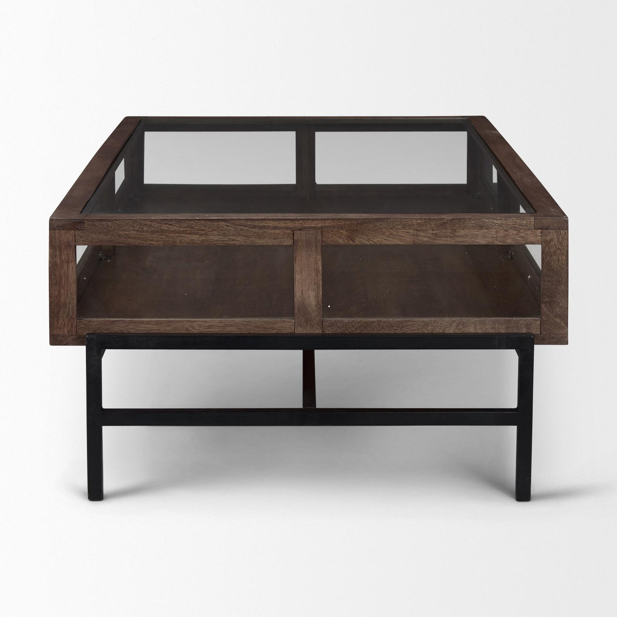 Mercana Arelius Rectangular Glass-Top Medium Brown Wood w/ Black Metal Base Display Coffee Table