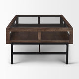 Mercana Arelius Rectangular Glass-Top Medium Brown Wood w/ Black Metal Base Display Coffee Table
