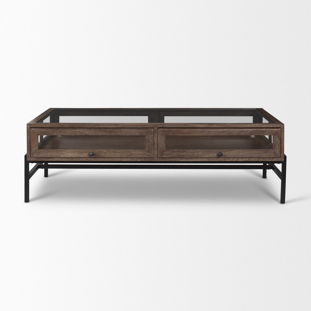 Mercana Arelius Rectangular Glass-Top Medium Brown Wood w/ Black Metal Base Display Coffee Table