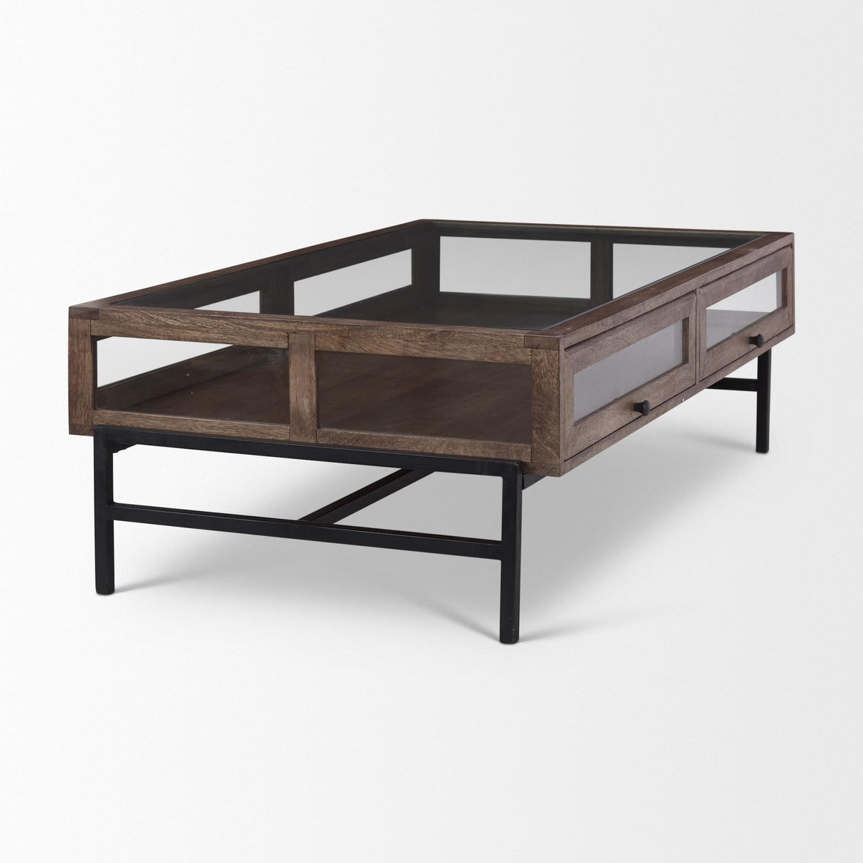 Mercana Arelius Rectangular Glass-Top Medium Brown Wood w/ Black Metal Base Display Coffee Table