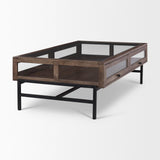 Mercana Arelius Rectangular Glass-Top Medium Brown Wood w/ Black Metal Base Display Coffee Table