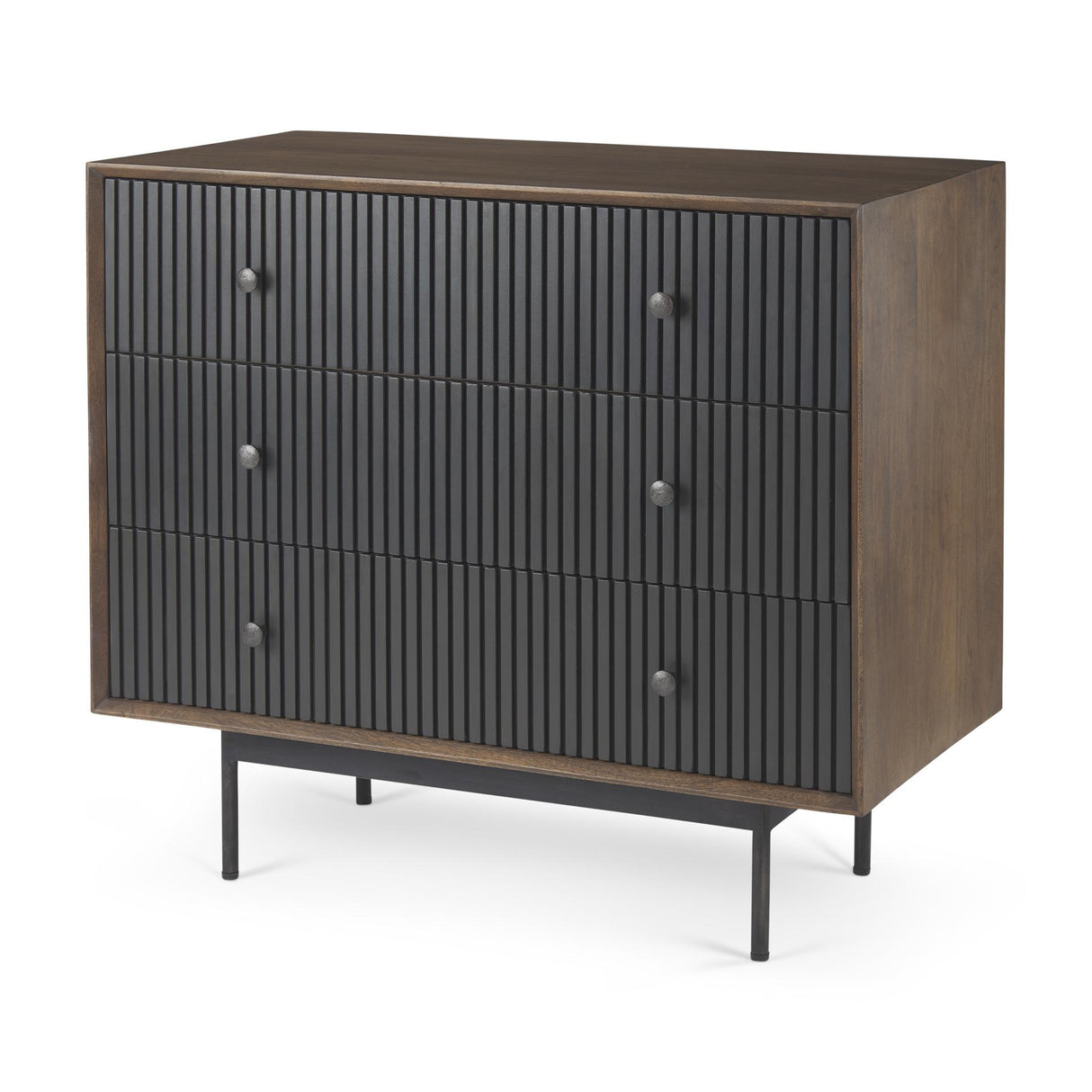 Mercana Grace 35.5L x 18.0W x 31.0H Medium Brown Wood W/Black Metal Frame 3 Drawer Accent Cabinet