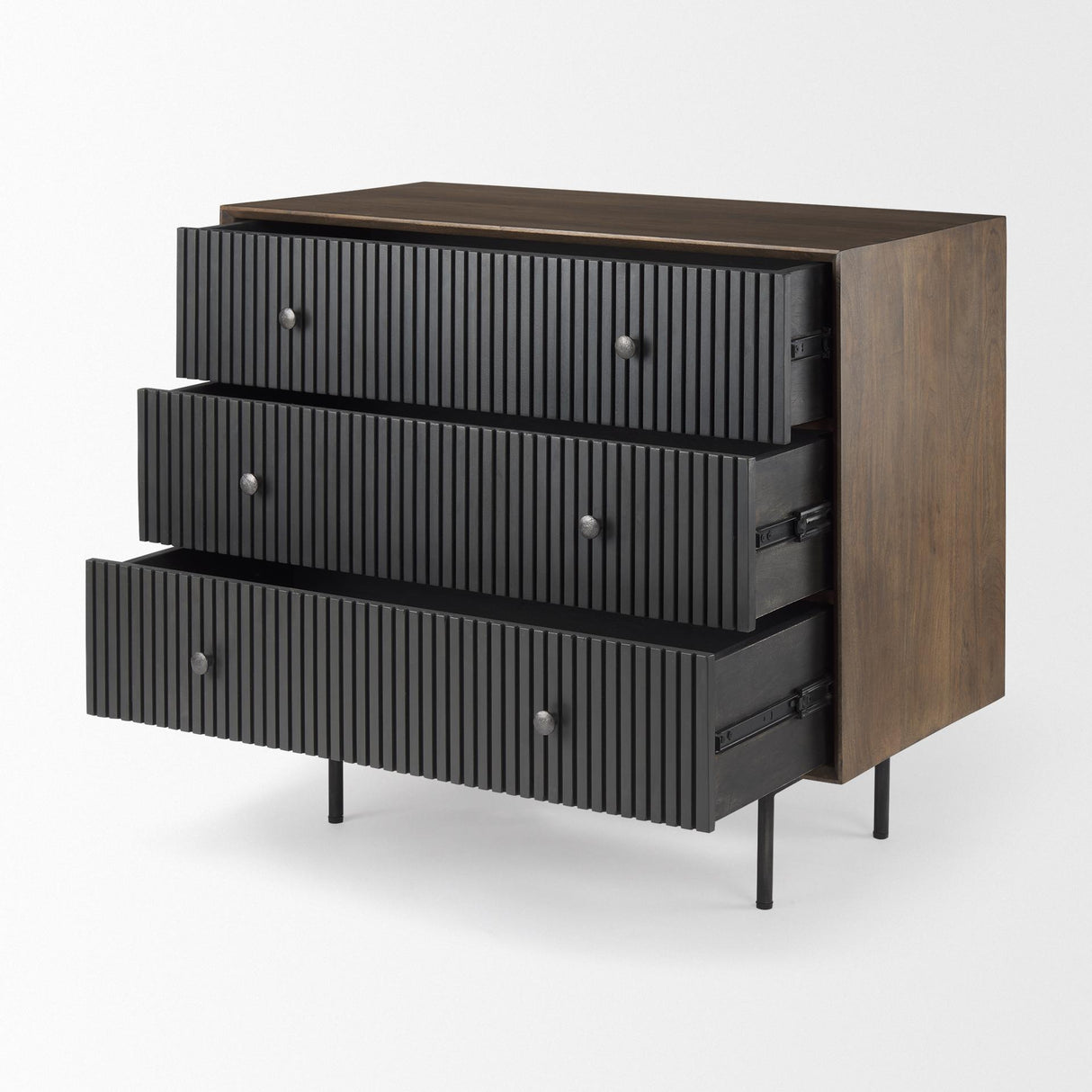 Mercana Grace 35.5L x 18.0W x 31.0H Medium Brown Wood W/Black Metal Frame 3 Drawer Accent Cabinet