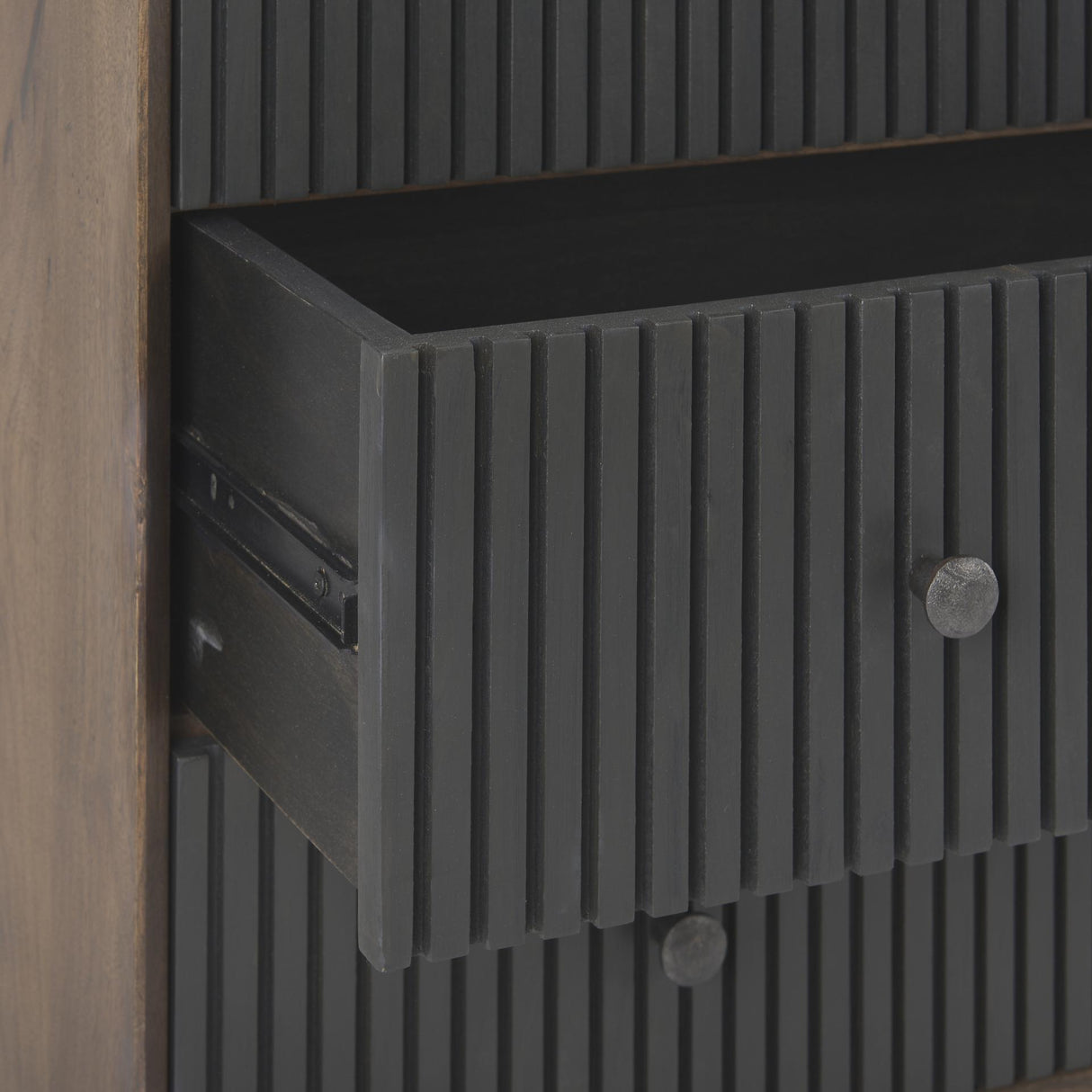 Mercana Grace 35.5L x 18.0W x 31.0H Medium Brown Wood W/Black Metal Frame 3 Drawer Accent Cabinet