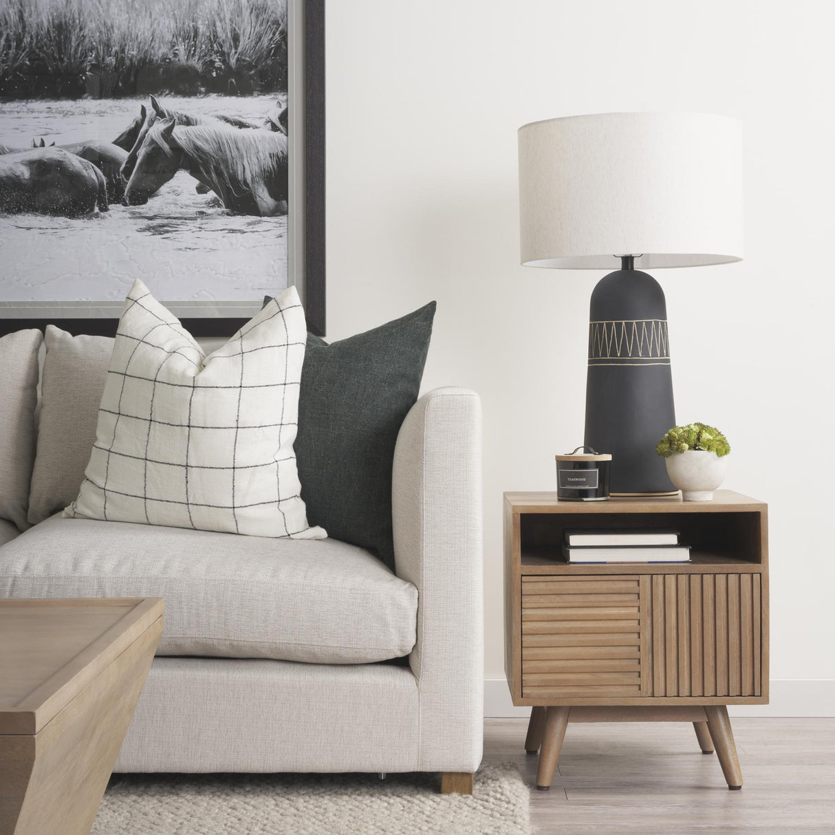 Mercana Javier 18.0L x 18.0W x 30.75H Black Base W/Cream Fabric Shade Table Lamp