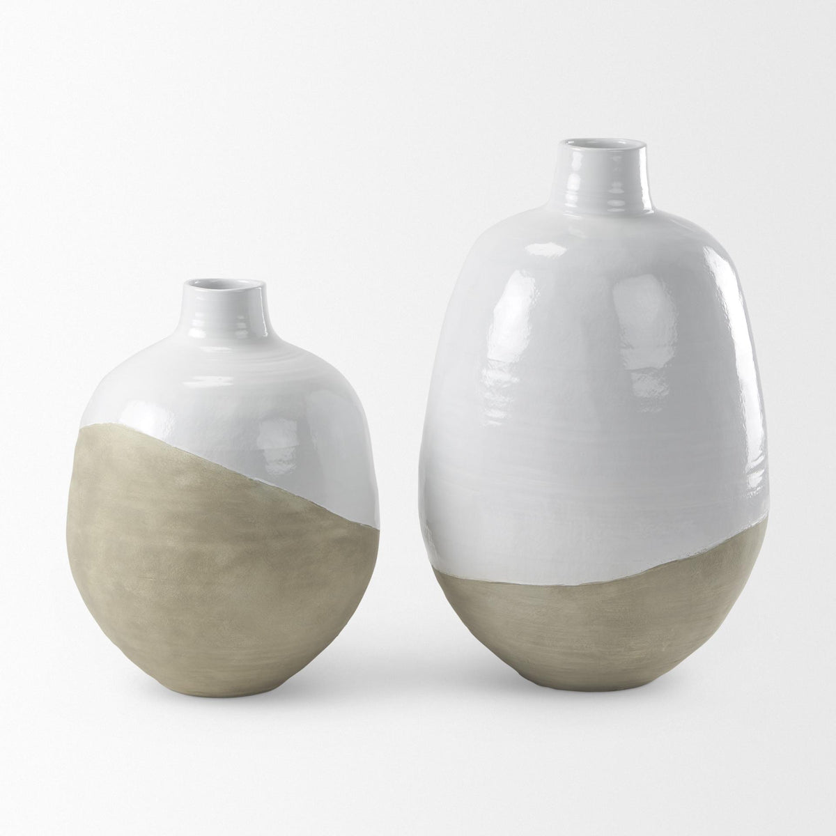 Mercana Amos 18.5L x 18.5W x 24.4H White and Dark Beige Color Blocked Ceramic Floor Vase