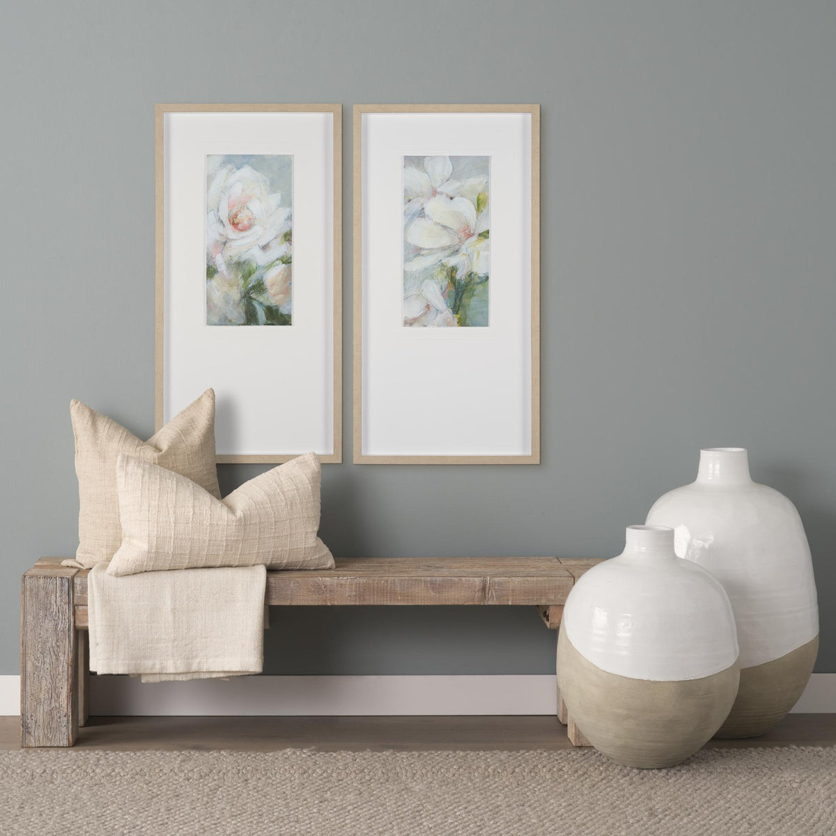 Mercana Amos 18.5L x 18.5W x 24.4H White and Dark Beige Color Blocked Ceramic Floor Vase