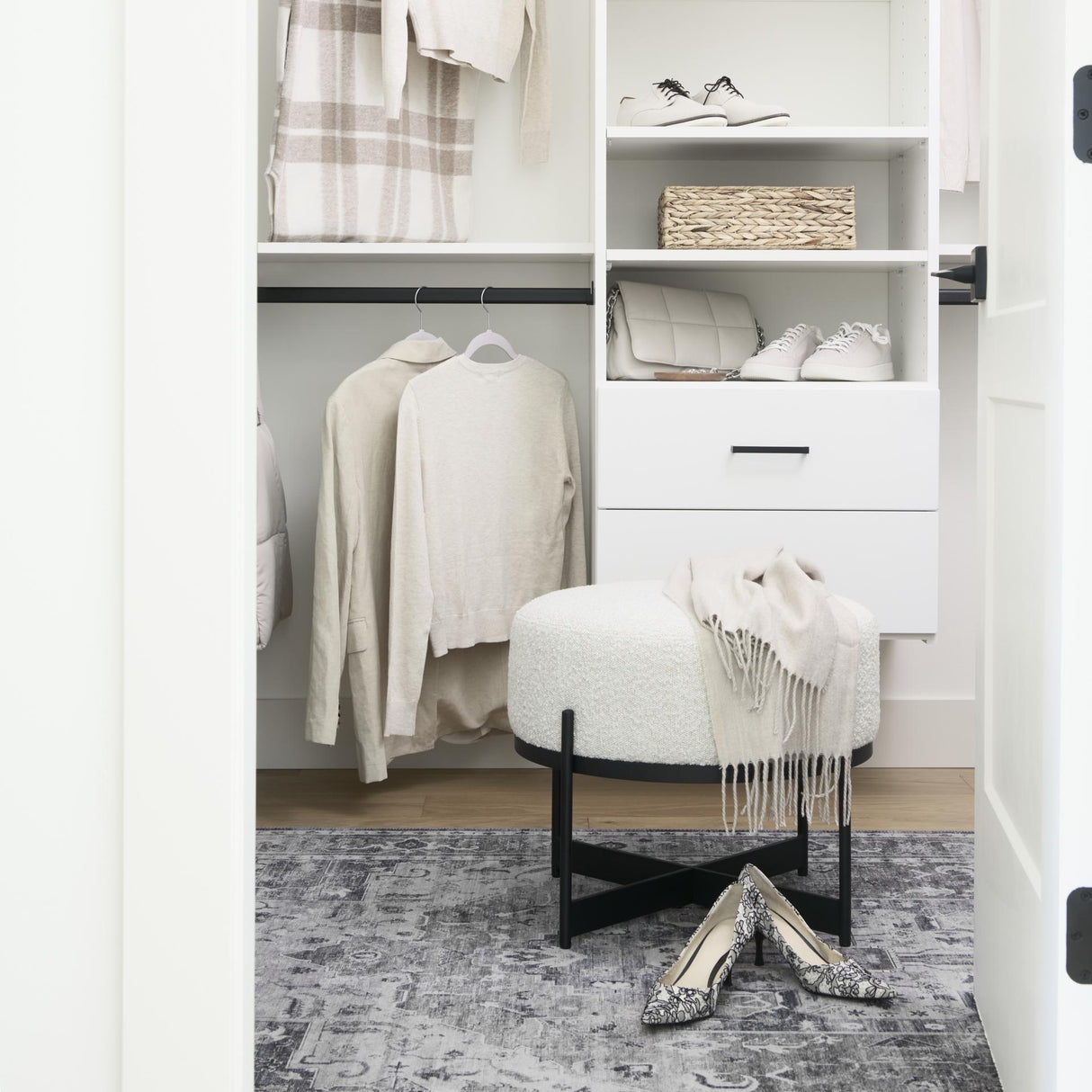 Mercana Amelia Cream Boucle W/Black Metal Upholstered Pouf