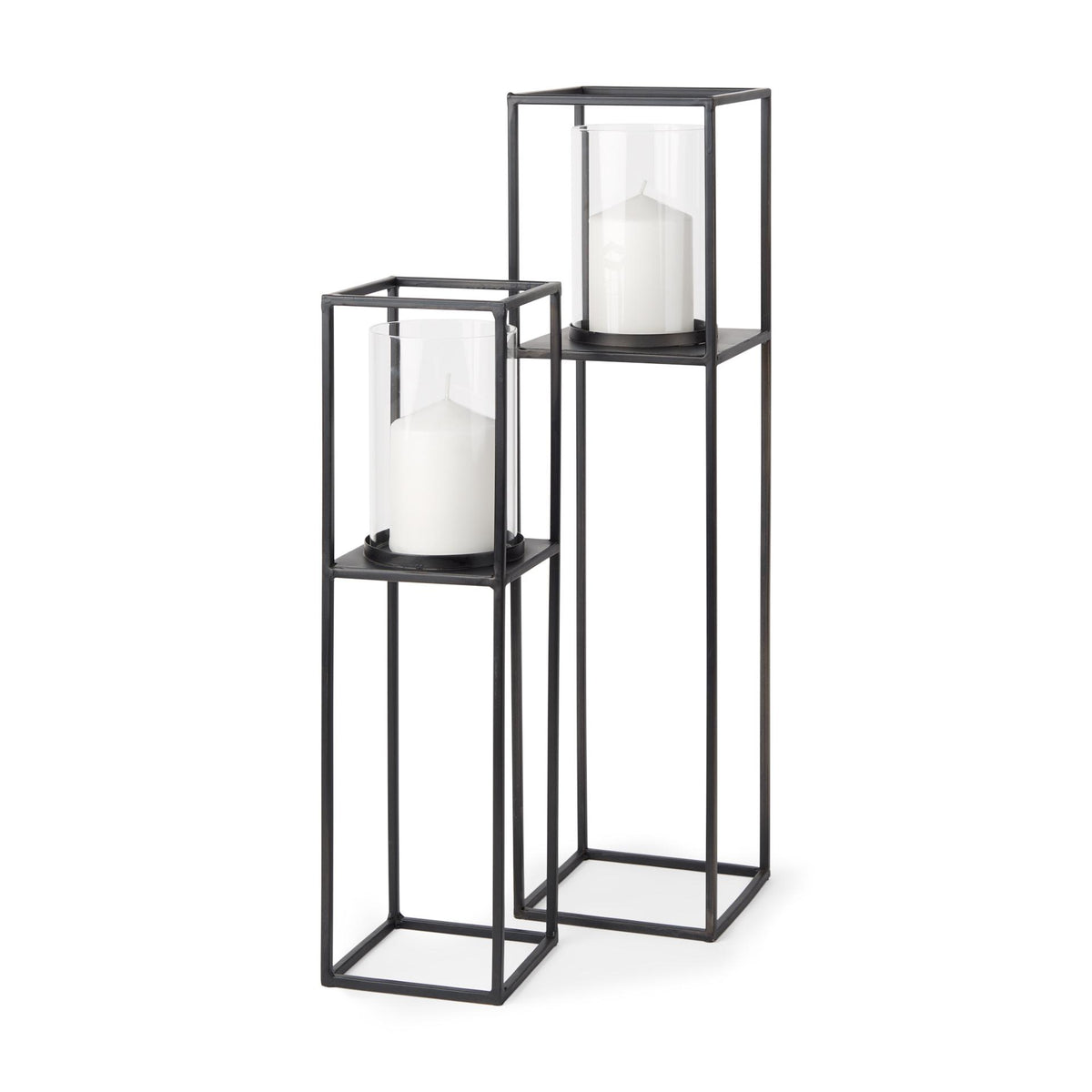 Mercana Cindy Set of 2 Matte Black Metal and Hurricane Glass Pillar Tabletop Candle Holders