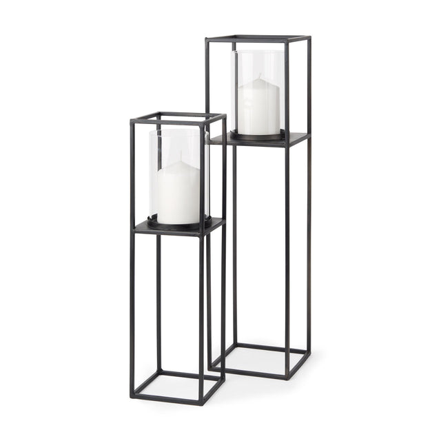 Mercana Cindy Set of 2 Matte Black Metal and Hurricane Glass Pillar Tabletop Candle Holders