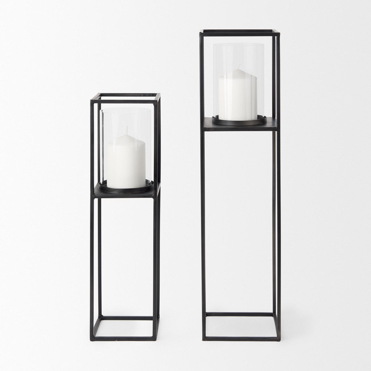 Mercana Cindy Set of 2 Matte Black Metal and Hurricane Glass Pillar Tabletop Candle Holders