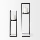 Mercana Cindy Set of 2 Matte Black Metal and Hurricane Glass Pillar Tabletop Candle Holders