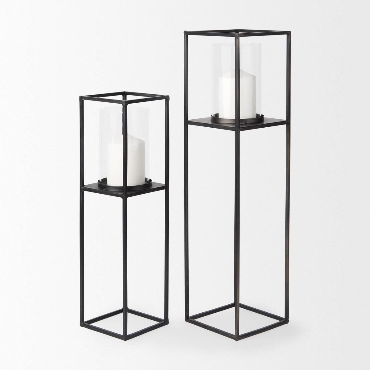 Mercana Cindy Set of 2 Matte Black Metal and Hurricane Glass Pillar Tabletop Candle Holders