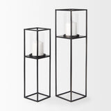Mercana Cindy Set of 2 Matte Black Metal and Hurricane Glass Pillar Tabletop Candle Holders