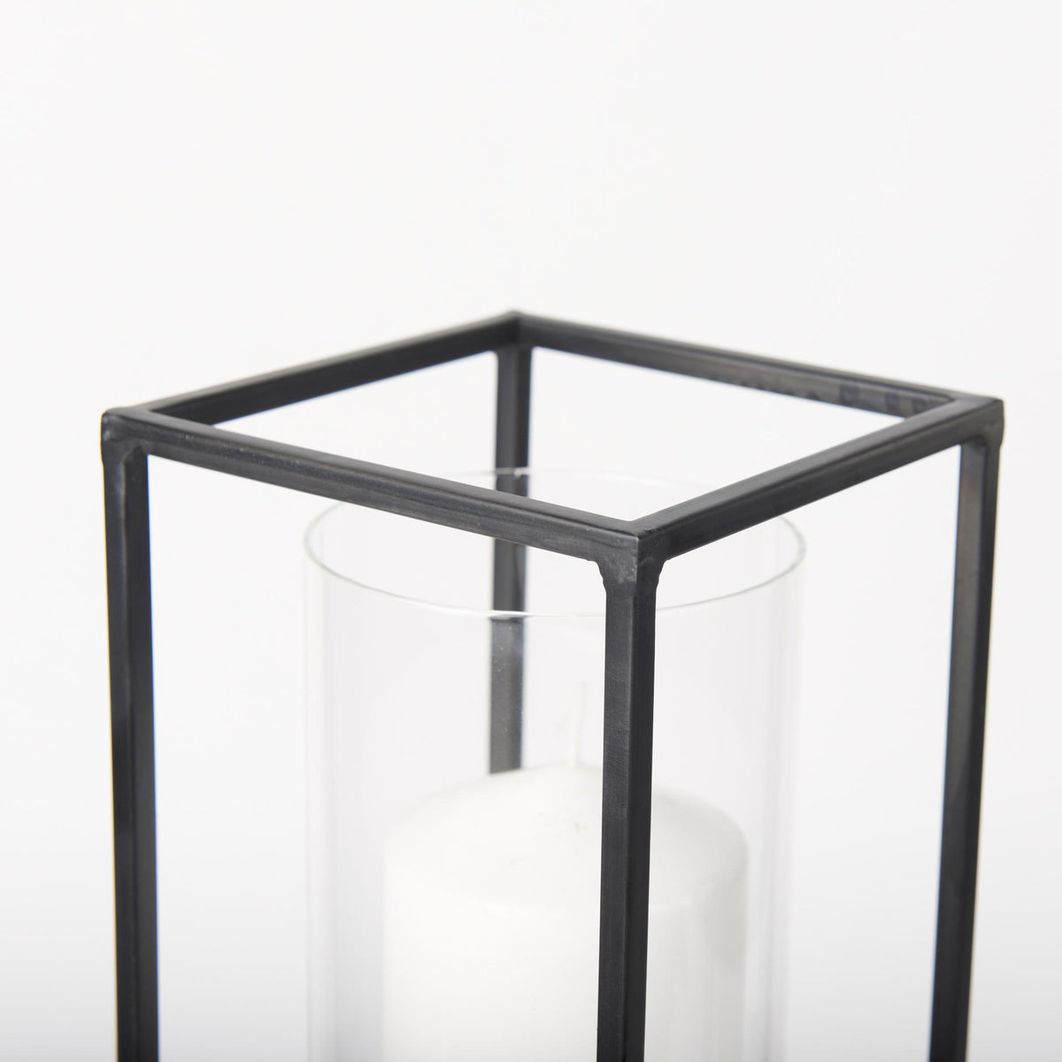 Mercana Cindy Set of 2 Matte Black Metal and Hurricane Glass Pillar Tabletop Candle Holders