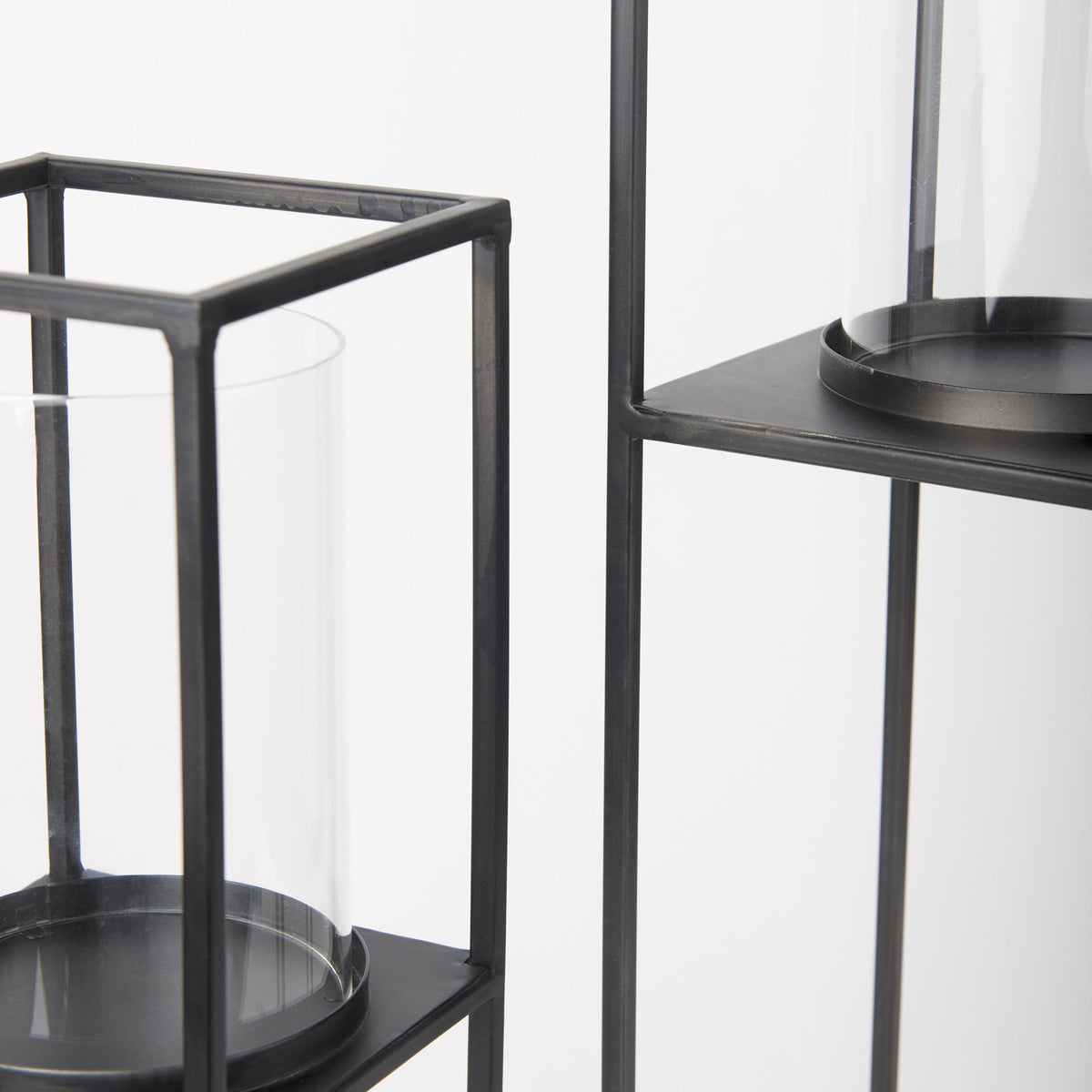 Mercana Cindy Set of 2 Matte Black Metal and Hurricane Glass Pillar Tabletop Candle Holders