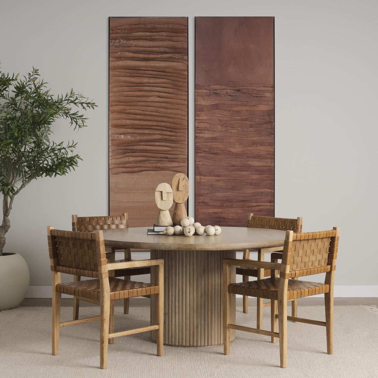 Mercana Terra 60L x 60W x 30H Light Brown Wood Round Fluted Dining Table