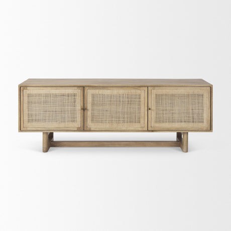 Mercana Grier Light Brown Solid Wood and Cane 3 Door Media Console