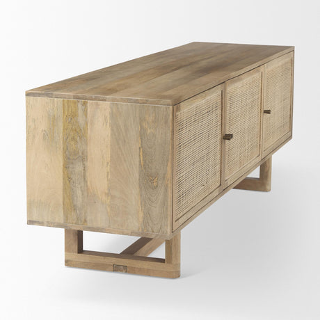 Mercana Grier Light Brown Solid Wood and Cane 3 Door Media Console