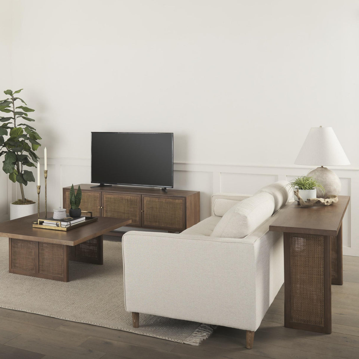 Mercana Grier 65.0L x 18.75W x 23.0H Medium Brown Solid Wood W/Cane Media Console