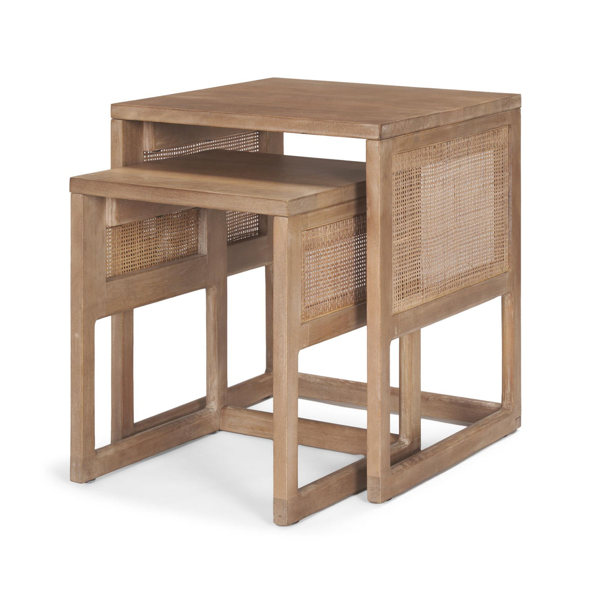 Mercana Grier Set of 2 Light Brown Solid Wood w/ Cane Nesting Accent Tables