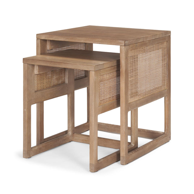 Mercana Grier Set of 2 Light Brown Solid Wood w/ Cane Nesting Accent Tables