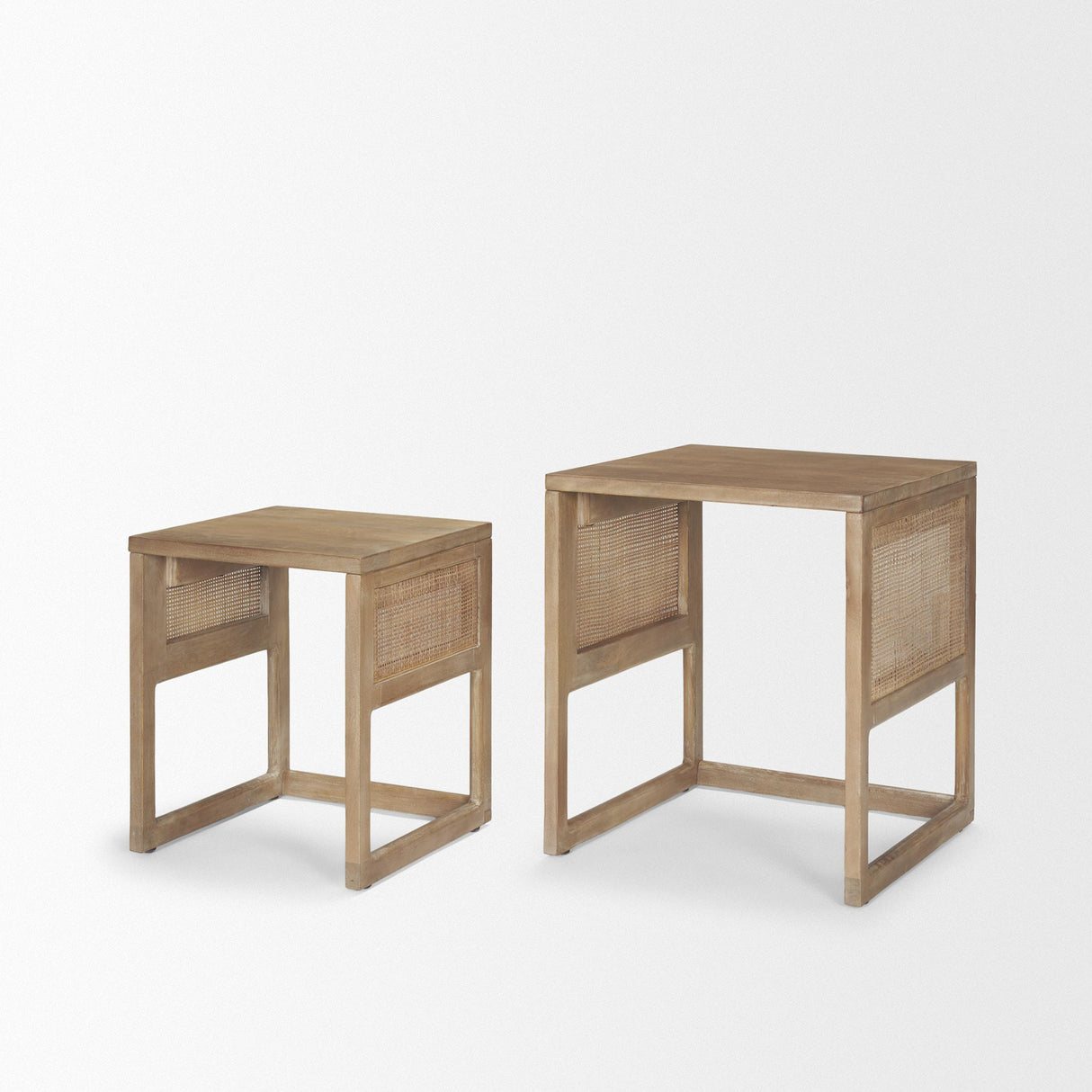 Mercana Grier Set of 2 Light Brown Solid Wood w/ Cane Nesting Accent Tables