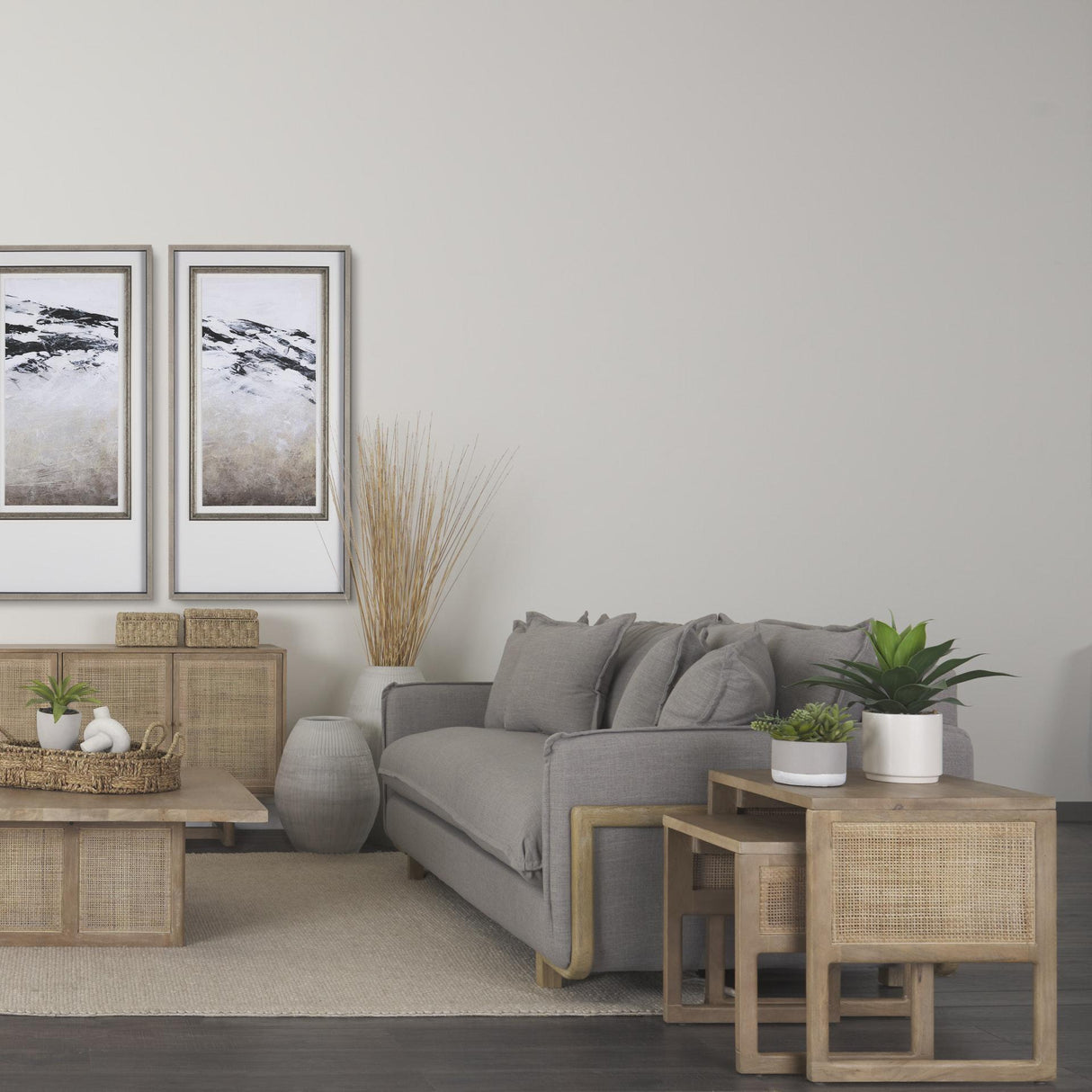 Mercana Grier Set of 2 Light Brown Solid Wood w/ Cane Nesting Accent Tables