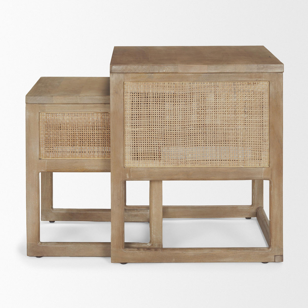 Mercana Grier Set of 2 Light Brown Solid Wood w/ Cane Nesting Accent Tables
