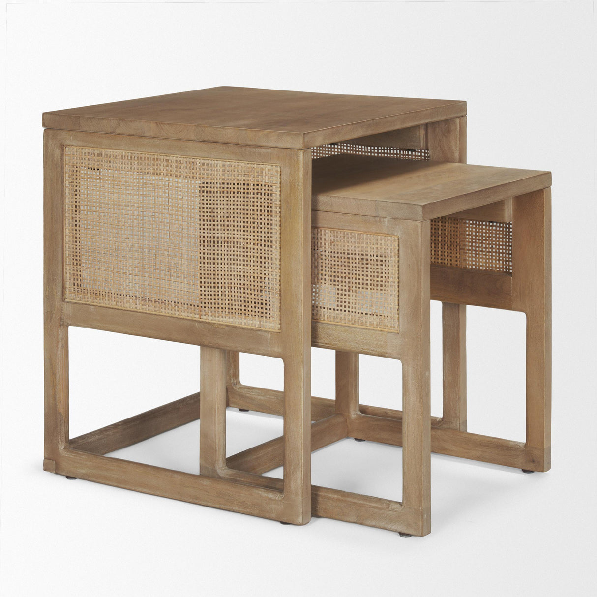Mercana Grier Set of 2 Light Brown Solid Wood w/ Cane Nesting Accent Tables