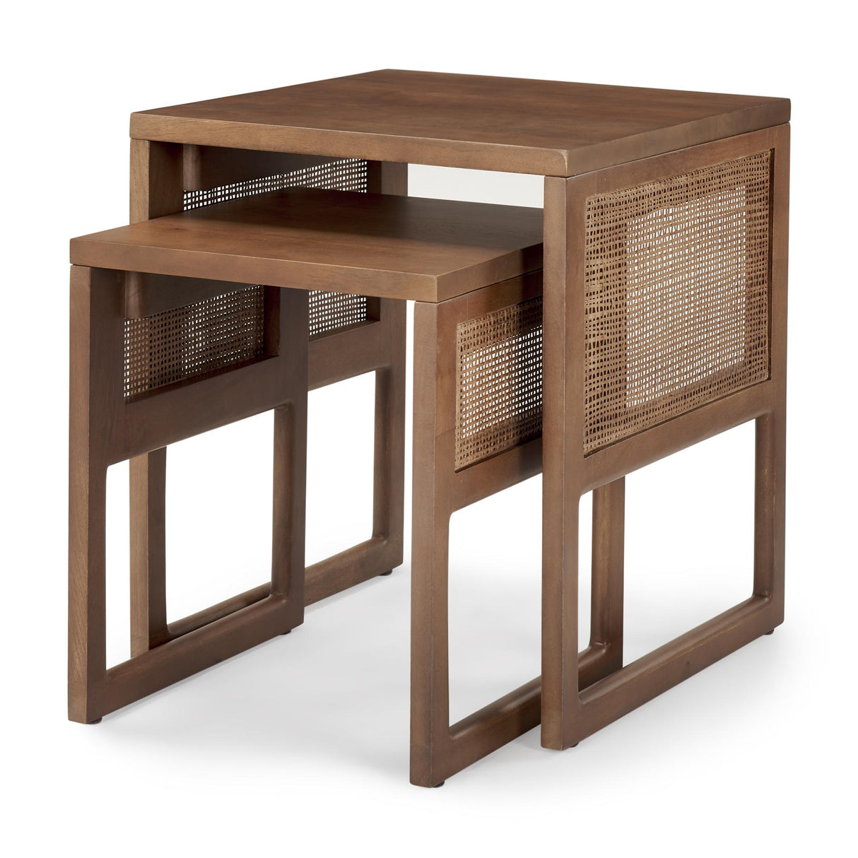 Mercana Grier Set of 2 Medium Brown Solid Wood w/ Cane Nesting Accent Tables