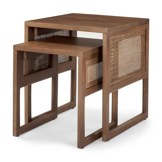 Mercana Grier Set of 2 Medium Brown Solid Wood w/ Cane Nesting Accent Tables