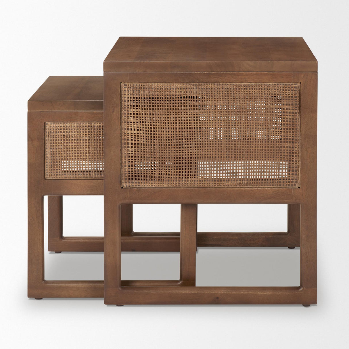 Mercana Grier Set of 2 Medium Brown Solid Wood w/ Cane Nesting Accent Tables