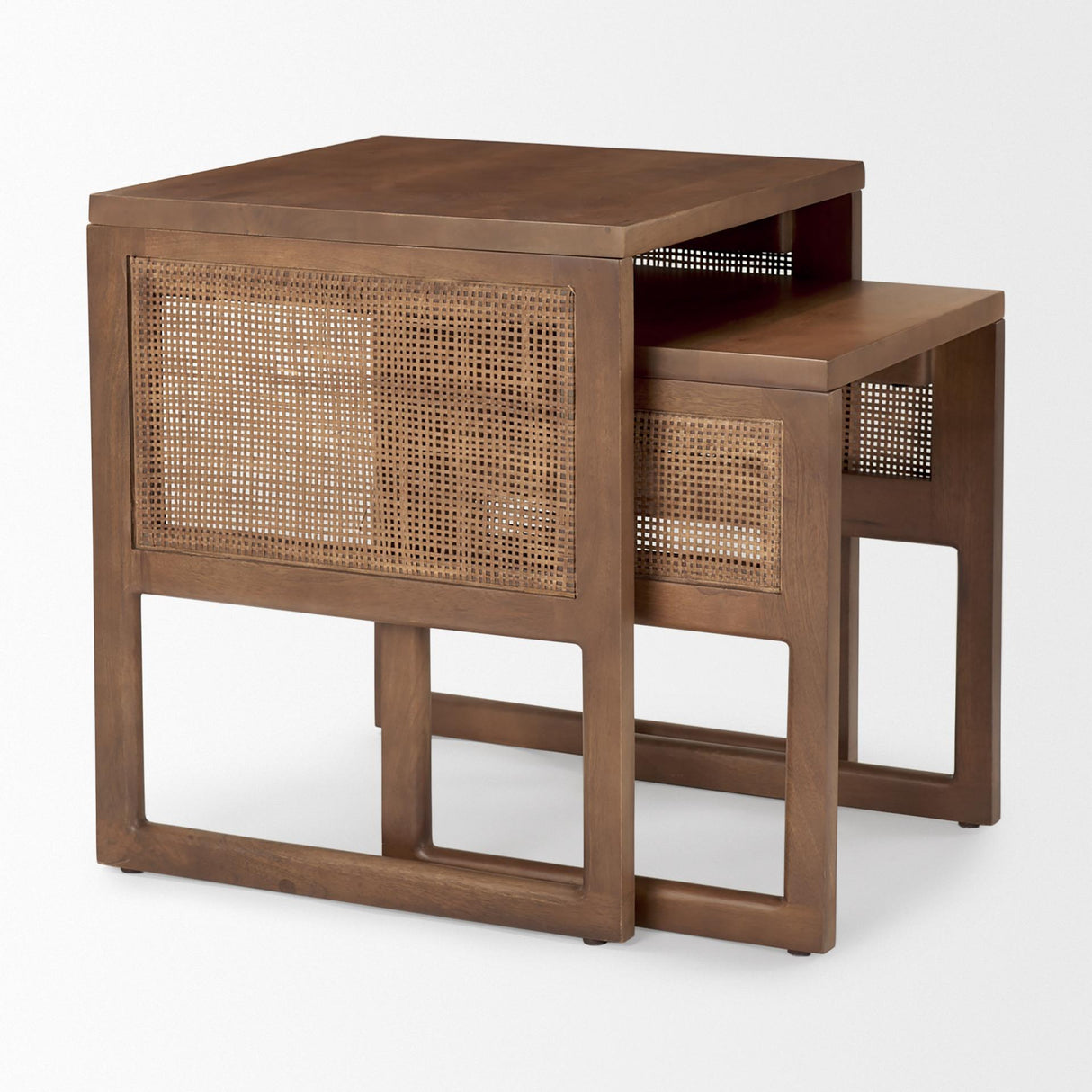Mercana Grier Set of 2 Medium Brown Solid Wood w/ Cane Nesting Accent Tables