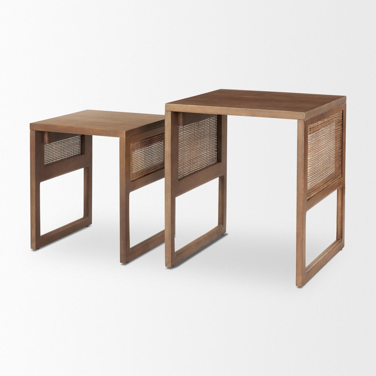Mercana Grier Set of 2 Medium Brown Solid Wood w/ Cane Nesting Accent Tables