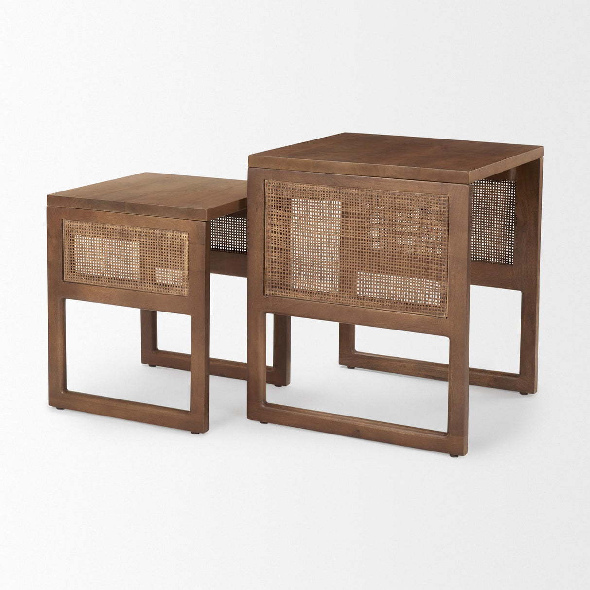 Mercana Grier Set of 2 Medium Brown Solid Wood w/ Cane Nesting Accent Tables