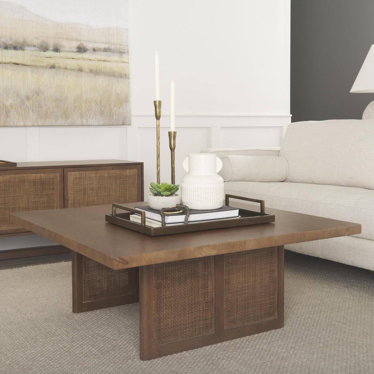 Mercana Grier 42" Square Medium Brown Solid Wood w/ Cane Coffee Table