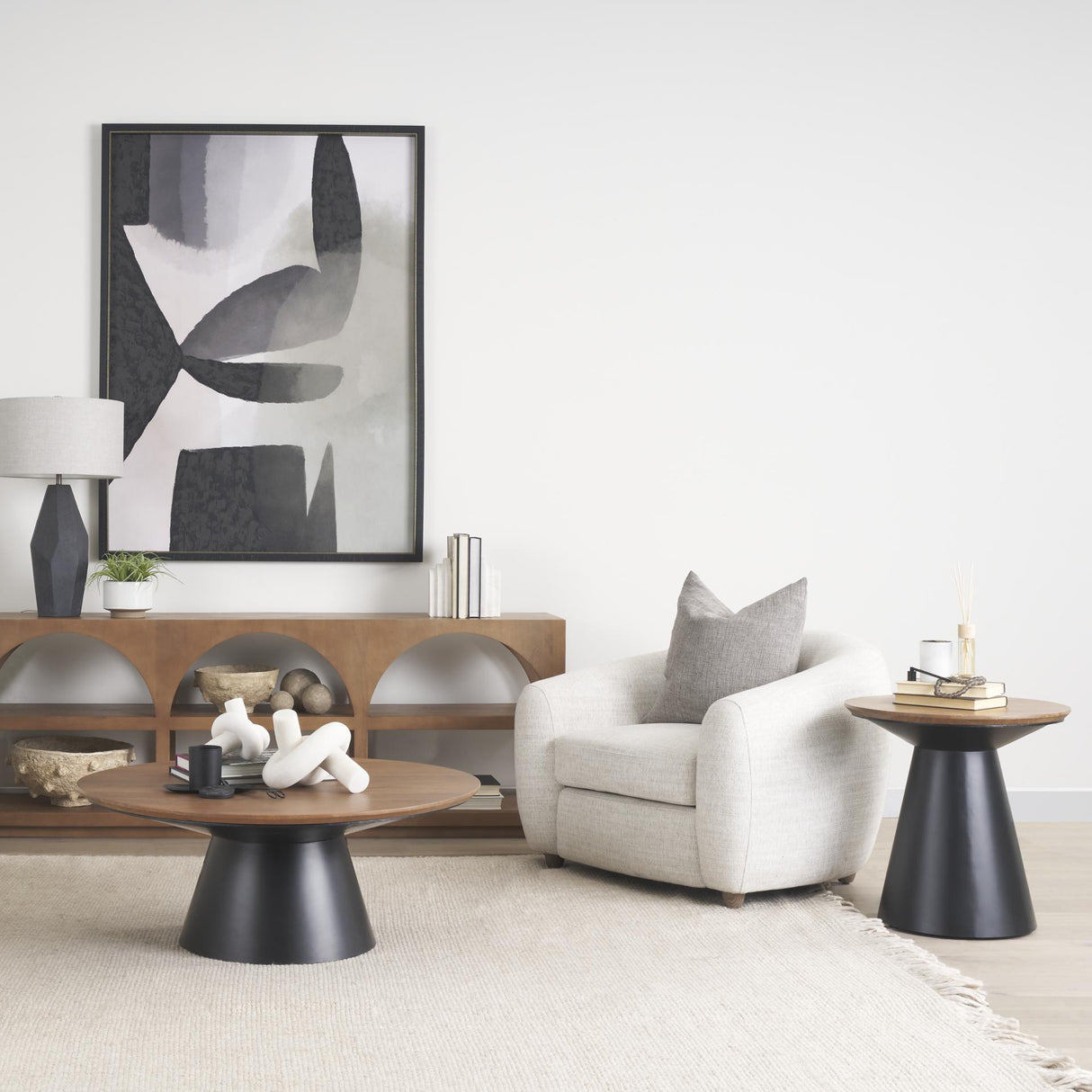 Mercana Mitchell 22.0L x 22.0W x 23.0H Black Metal Pedetal Base with Brown Wood Top Side Table