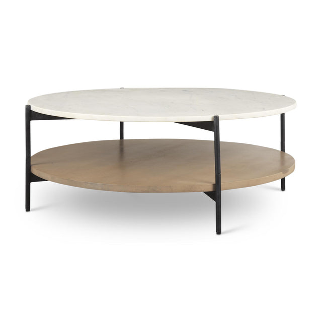 Mercana Larkin Marble Top w/ Brown Wood Shelf Round Coffee Table