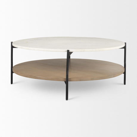 Mercana Larkin Marble Top w/ Brown Wood Shelf Round Coffee Table
